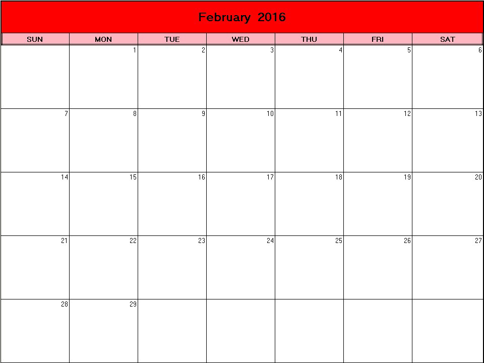 printable blank calendar image for Valentine 2016