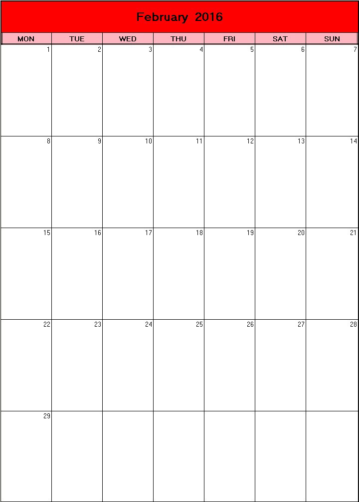 printable blank calendar image for Valentine 2016