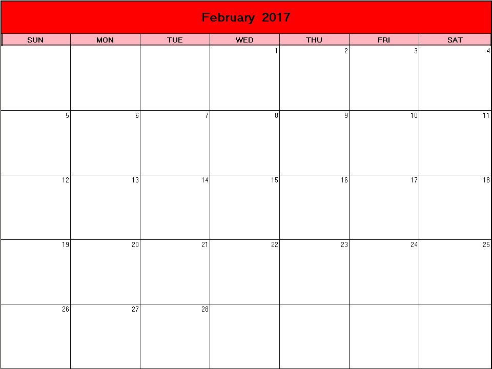 printable blank calendar image for Valentine 2017