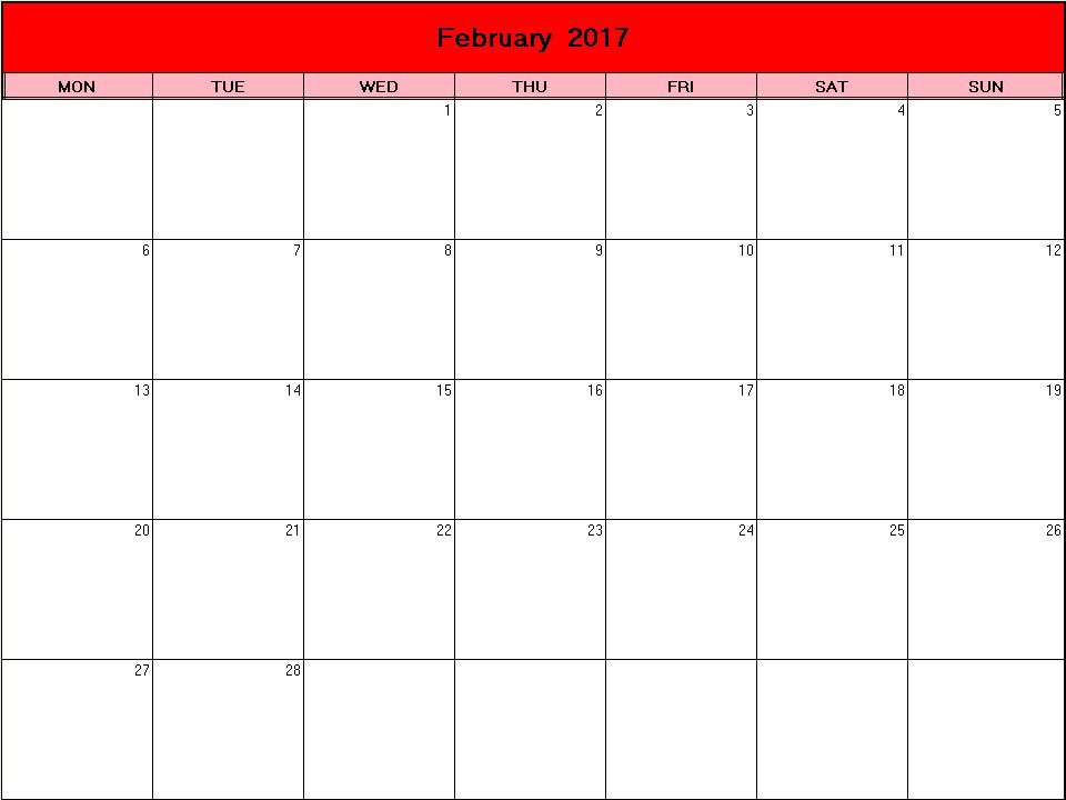 printable blank calendar image for Valentine 2017