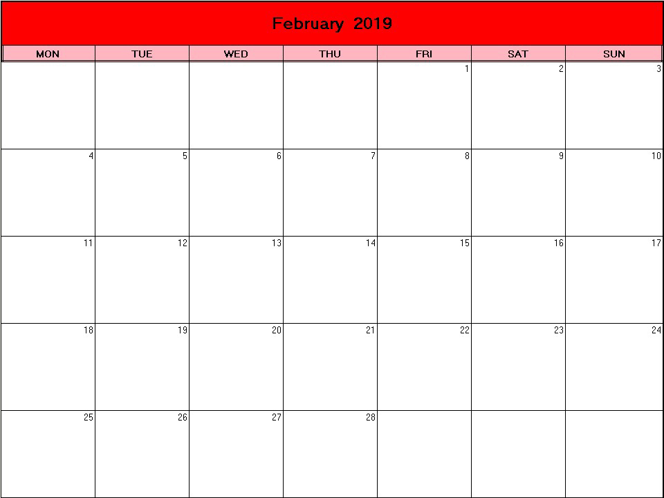 printable blank calendar image for Valentine 2019