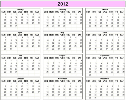 Yearly 2012 Printable Calendar - color & weekday starts Sunday