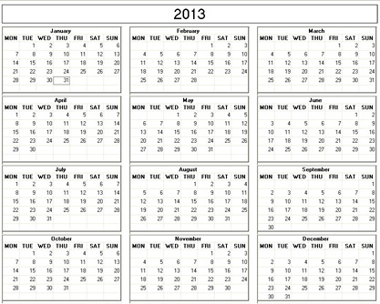 Yearly 2013 Printable Calendar - black and white weekday starts Monday