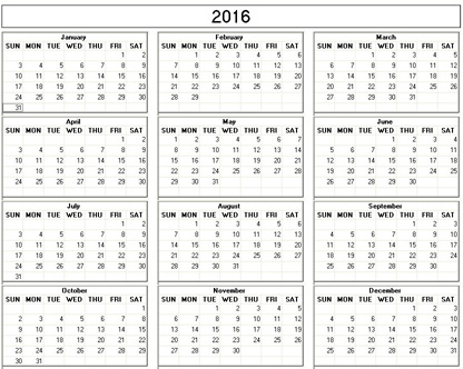 blank calendar,  printable calendar, 2016, image