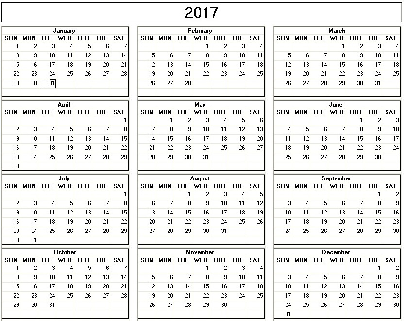 Yearly 2017 Printable Calendar back and white week starts on Sunday ...