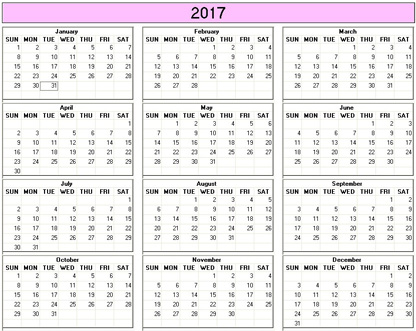 Yearly 2017 Printable Calendar - color & weekday starts Sunday ...