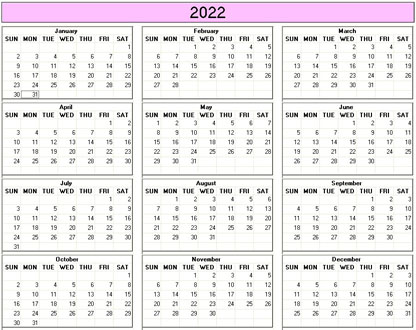 Yearly 2022 Printable Calendar - color & weekday starts Sunday ...