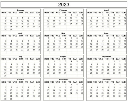 small yearly 2023 calendar