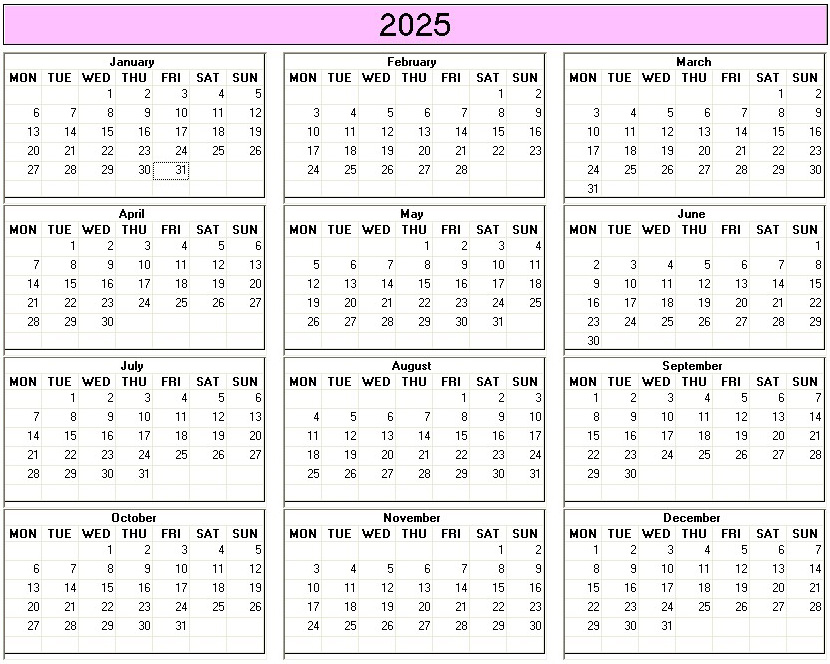 printable blank calendar image for 2025