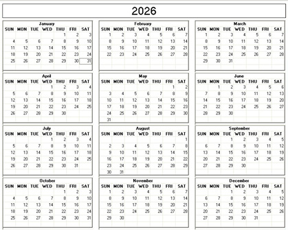 blank calendar,  printable calendar, 2026, image
