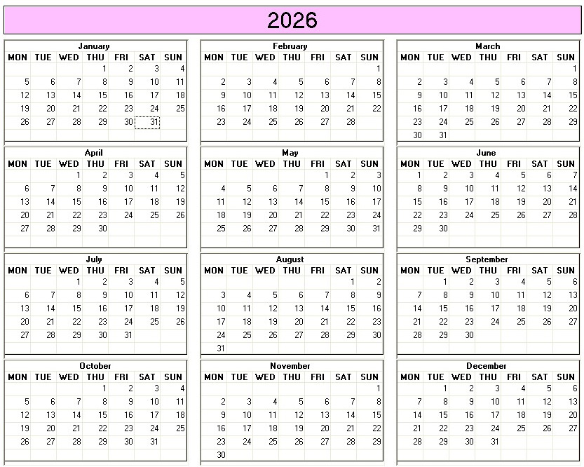 printable blank calendar image for 2026