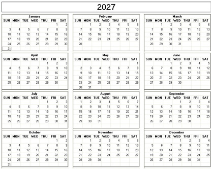 blank calendar,  printable calendar, 2027, image