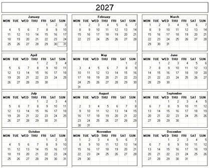 blank calendar,  printable calendar, 2027, image
