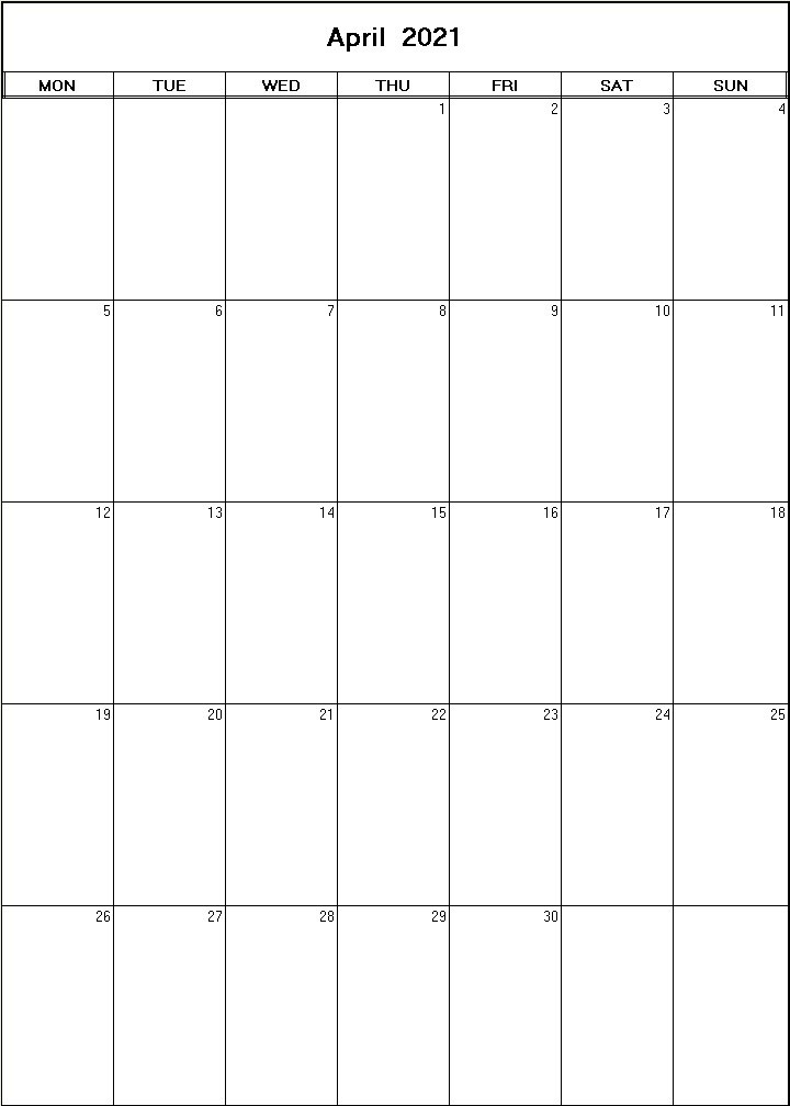 printable blank calendar image for April 2021