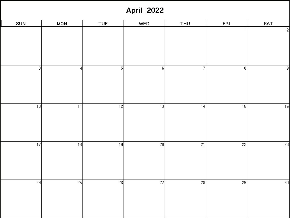 printable blank calendar image for April 2022