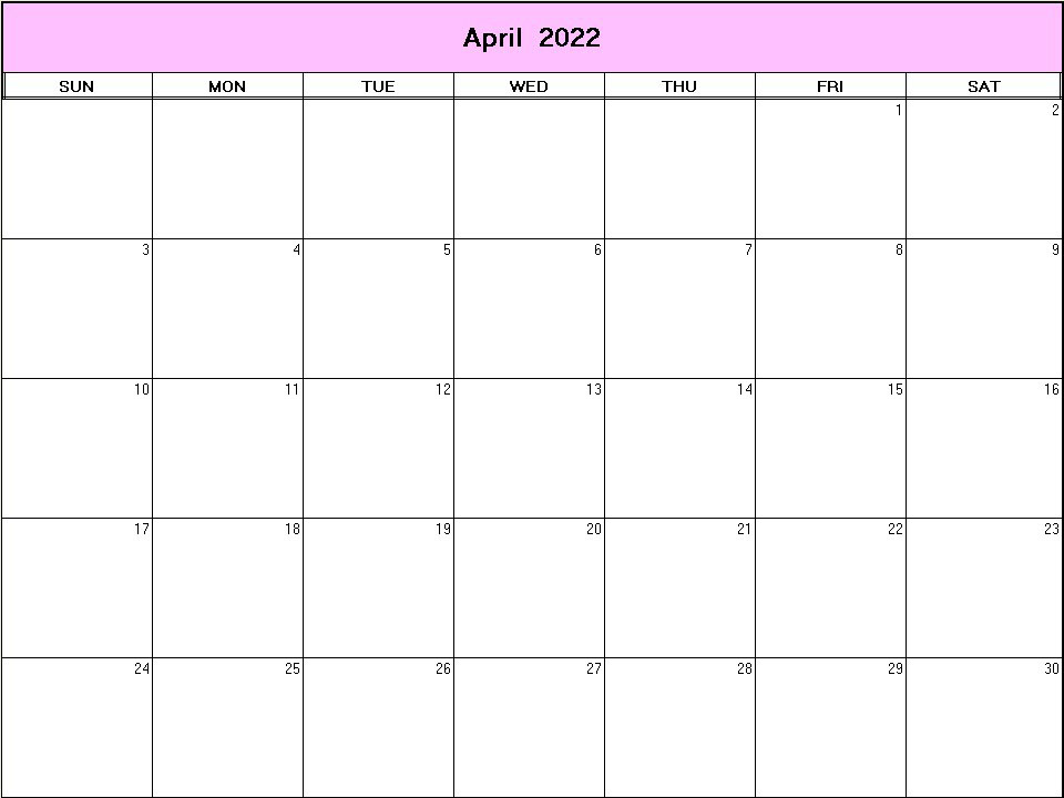 printable blank calendar image for April 2022