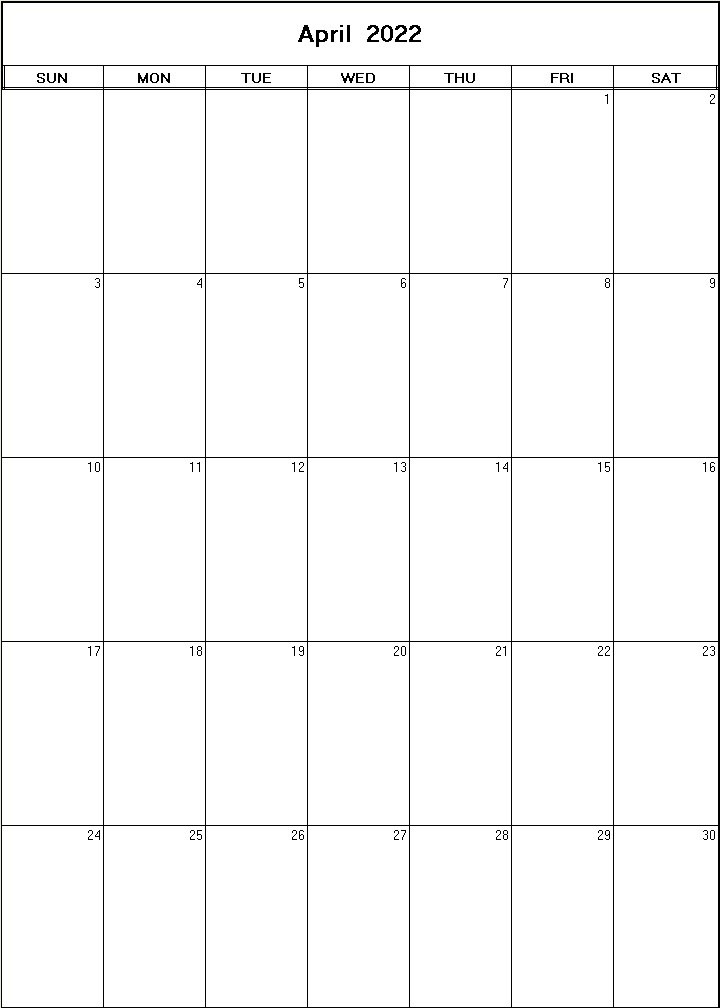 printable blank calendar image for April 2022