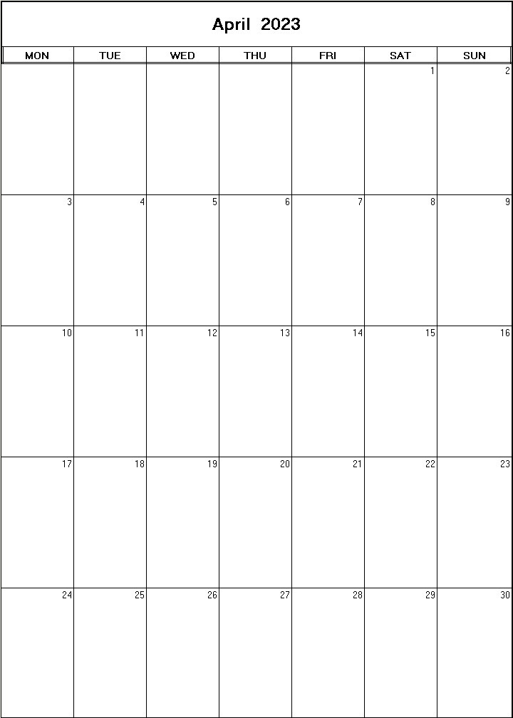 printable blank calendar image for April 2023