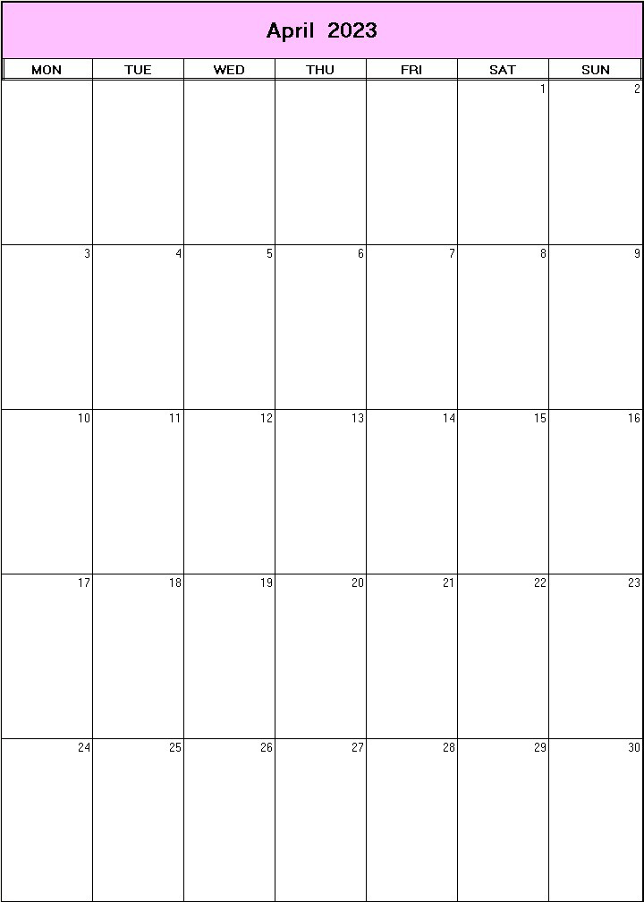 printable blank calendar image for April 2023
