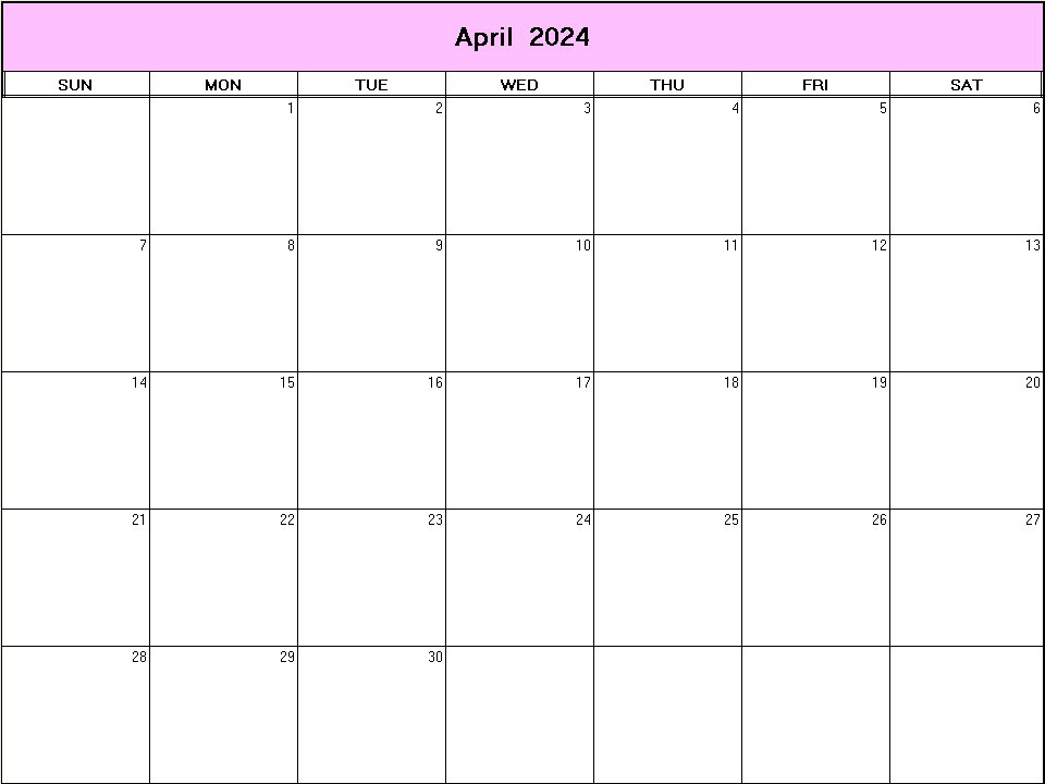 printable blank calendar image for April 2024