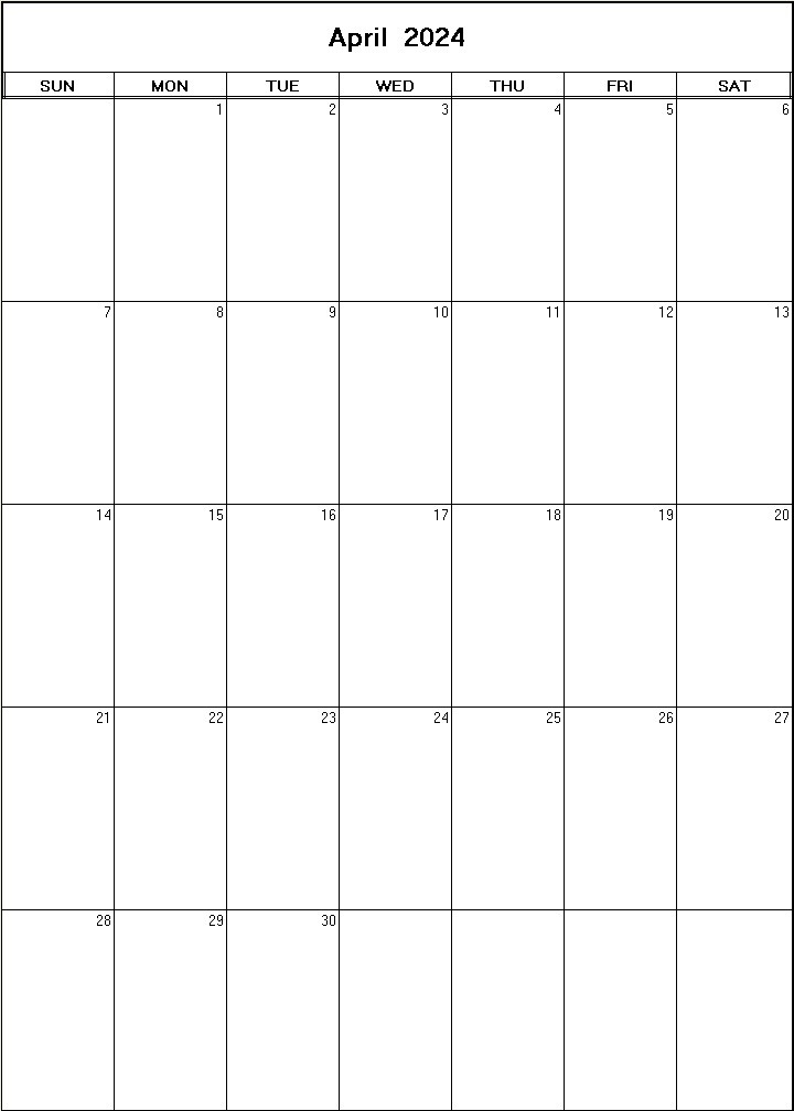 printable blank calendar image for April 2024