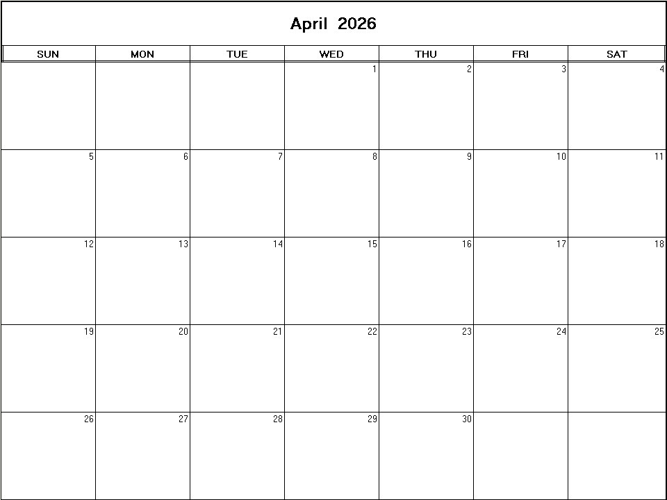 printable blank calendar image for April 2026