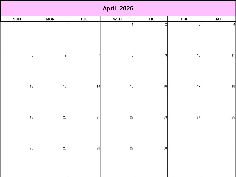 printable blank calendar image for April 2026