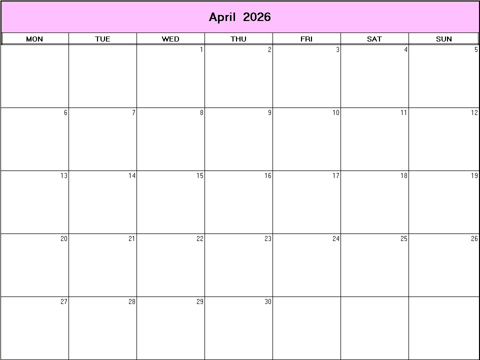 printable blank calendar image for April 2026