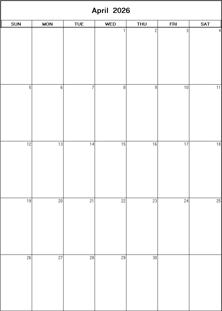 printable blank calendar image for April 2026