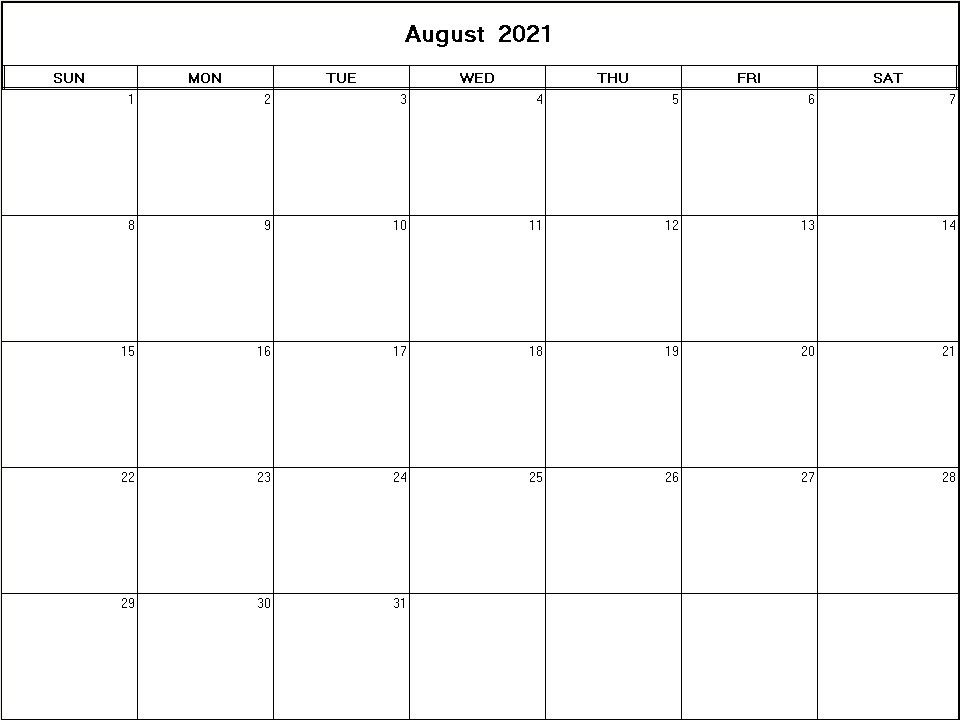 printable blank calendar image for August 2021