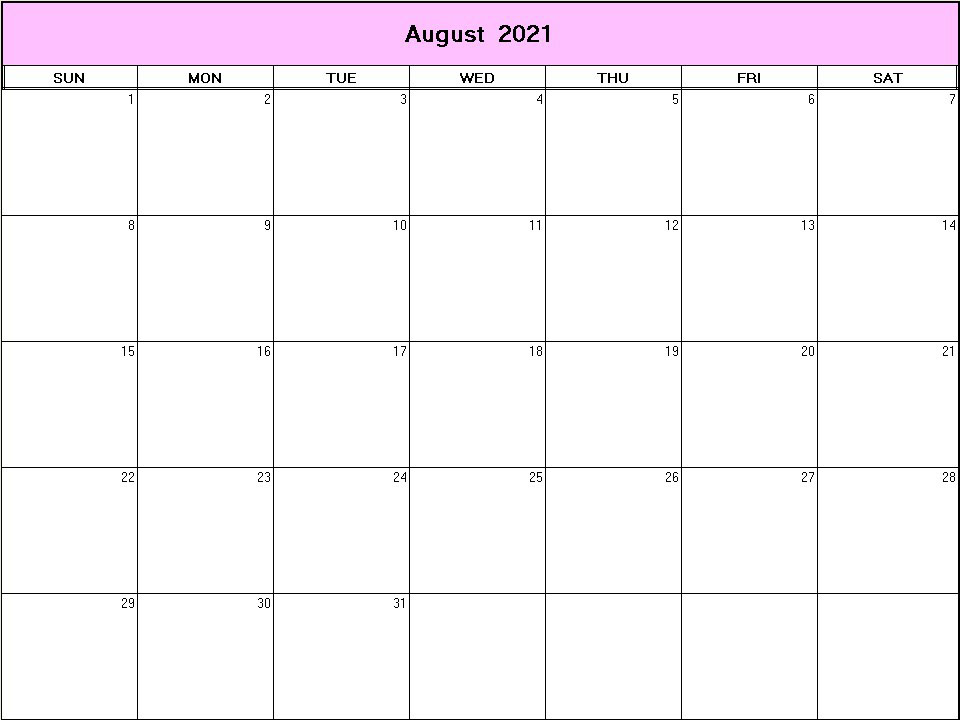 printable blank calendar image for August 2021