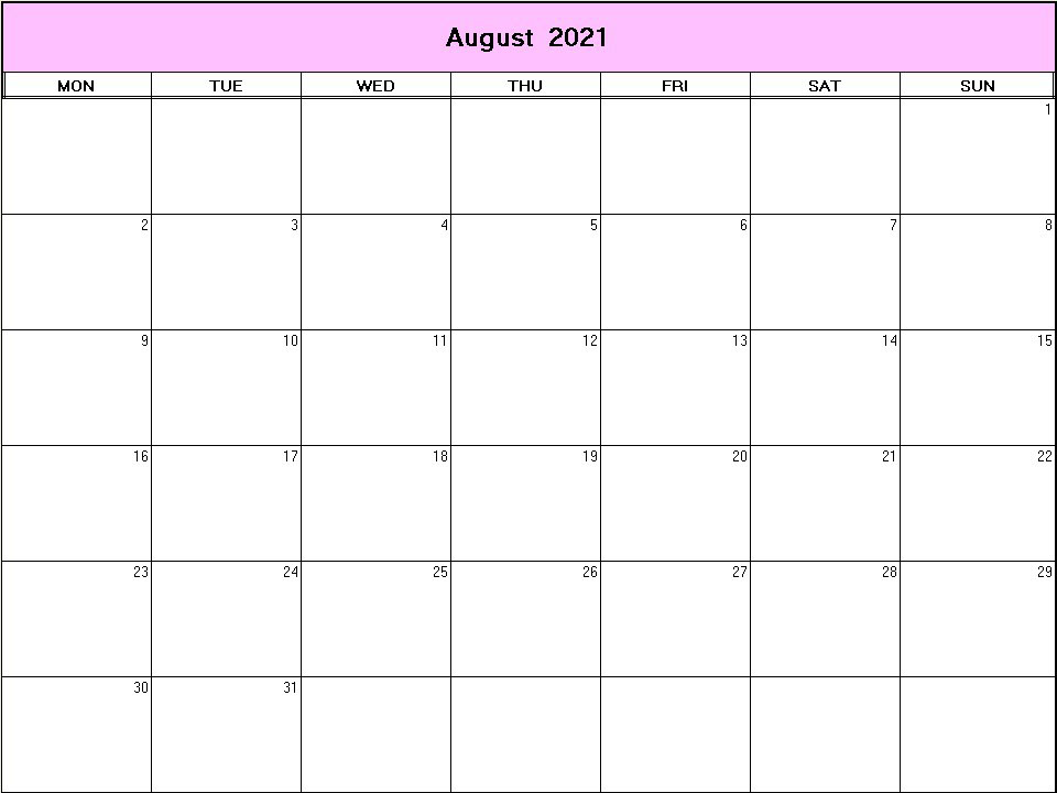 printable blank calendar image for August 2021