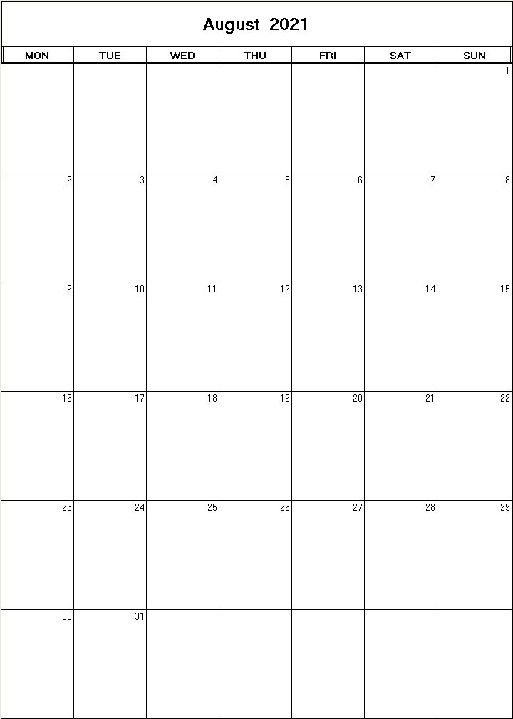 printable blank calendar image for August 2021