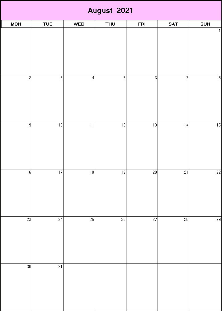 printable blank calendar image for August 2021