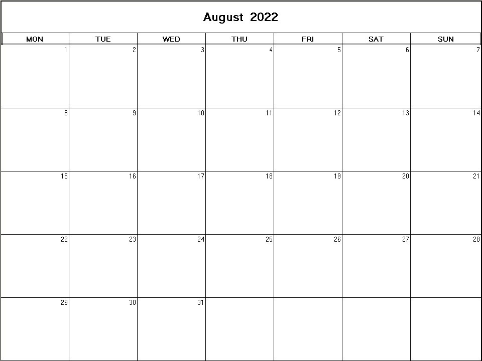 printable blank calendar image for August 2022