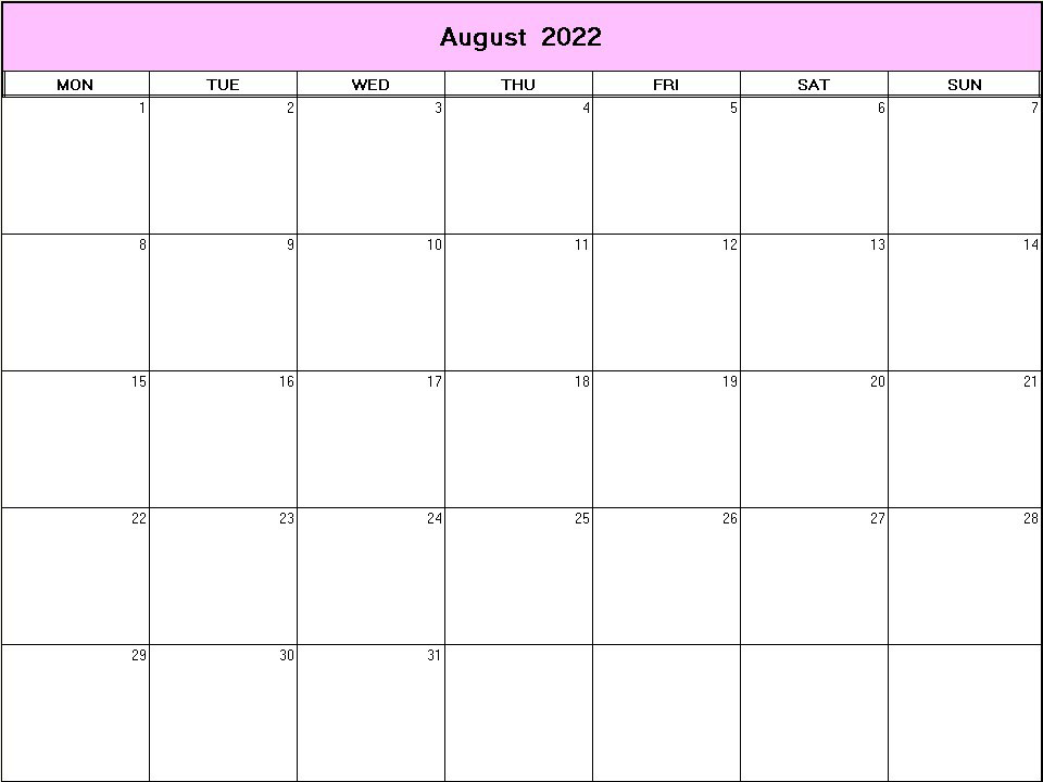 printable blank calendar image for August 2022