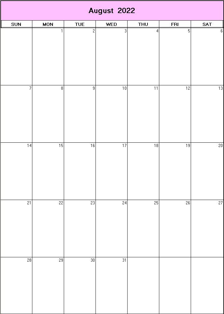 printable blank calendar image for August 2022