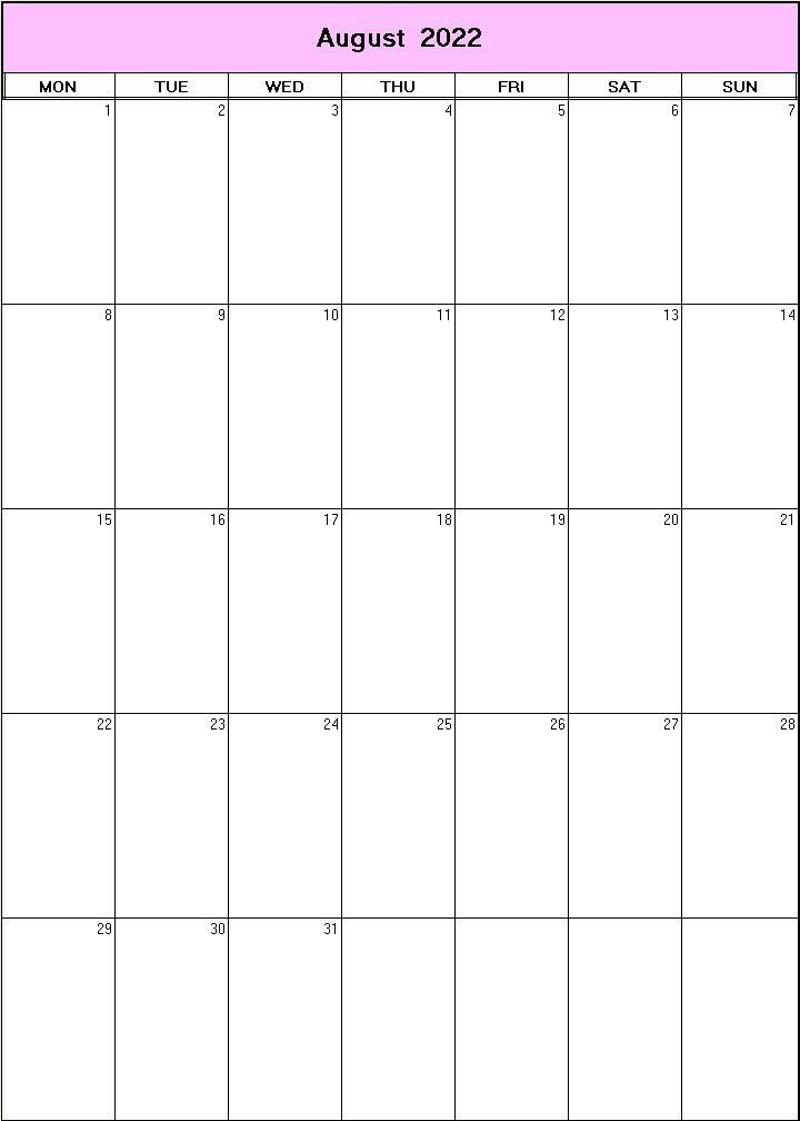 printable blank calendar image for August 2022