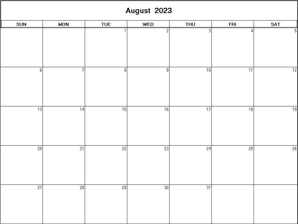 printable blank calendar image for August 2023