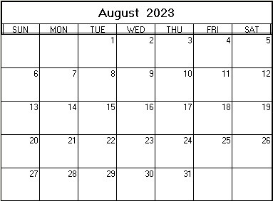 printable blank calendar image for August 2023