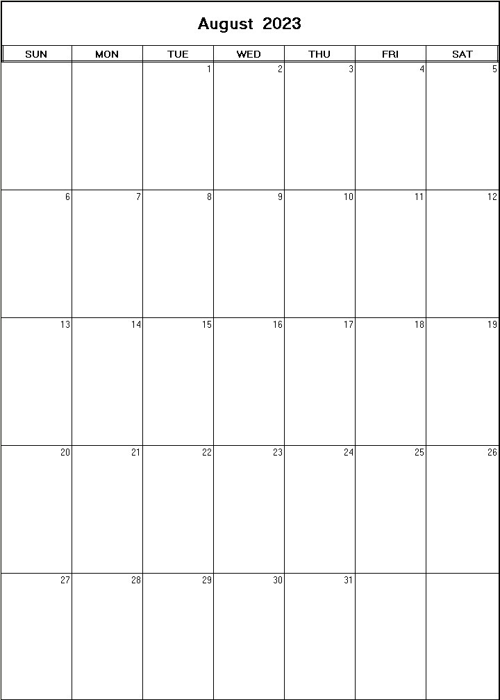 printable blank calendar image for August 2023