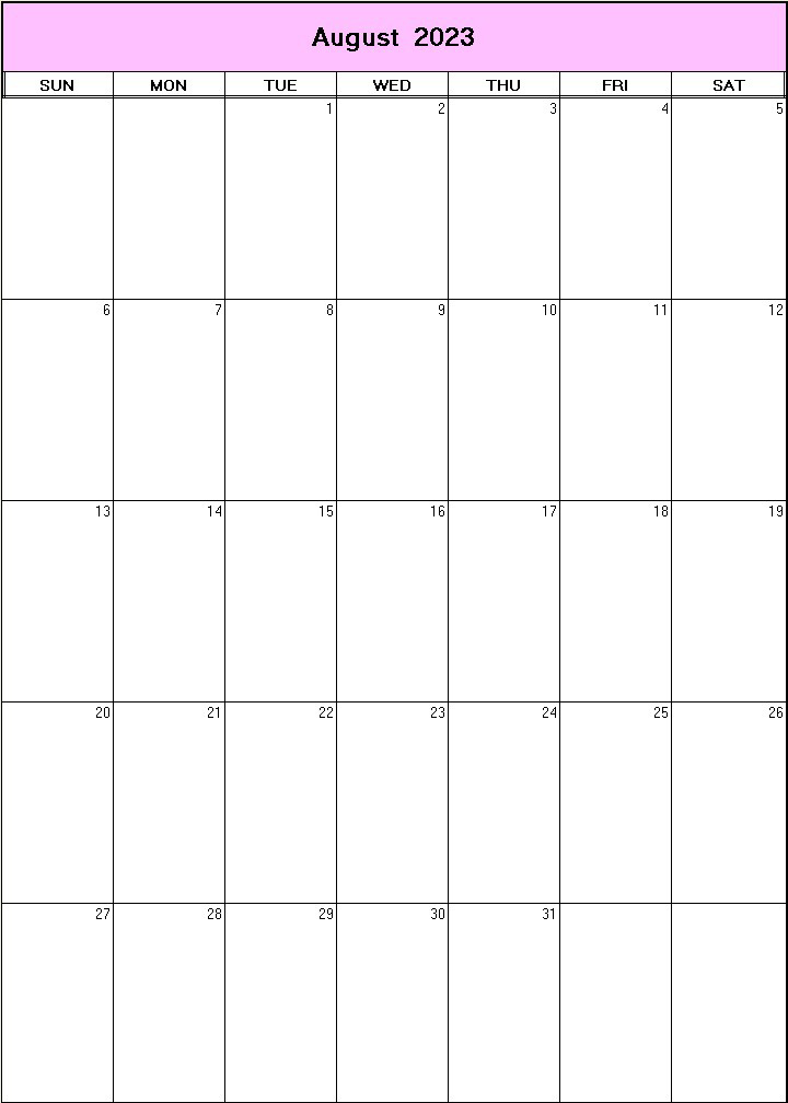 printable blank calendar image for August 2023