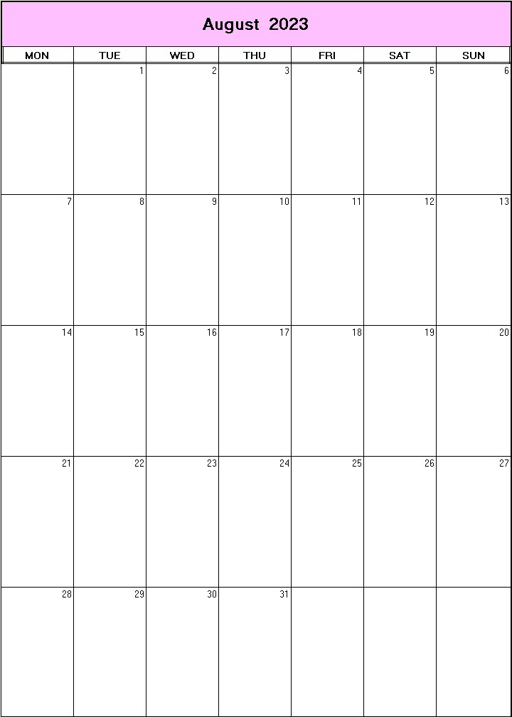 printable blank calendar image for August 2023