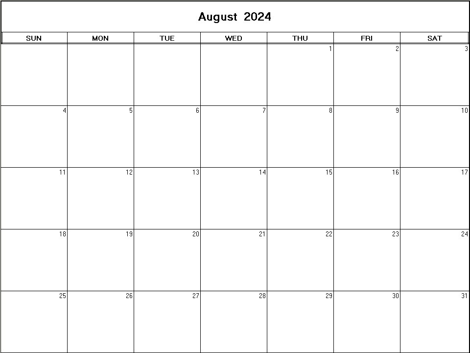 printable blank calendar image for August 2024