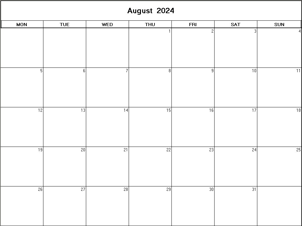 printable blank calendar image for August 2024