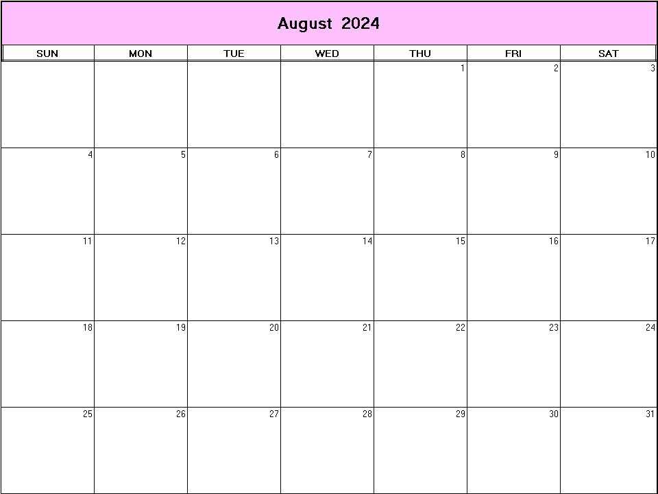 printable blank calendar image for August 2024