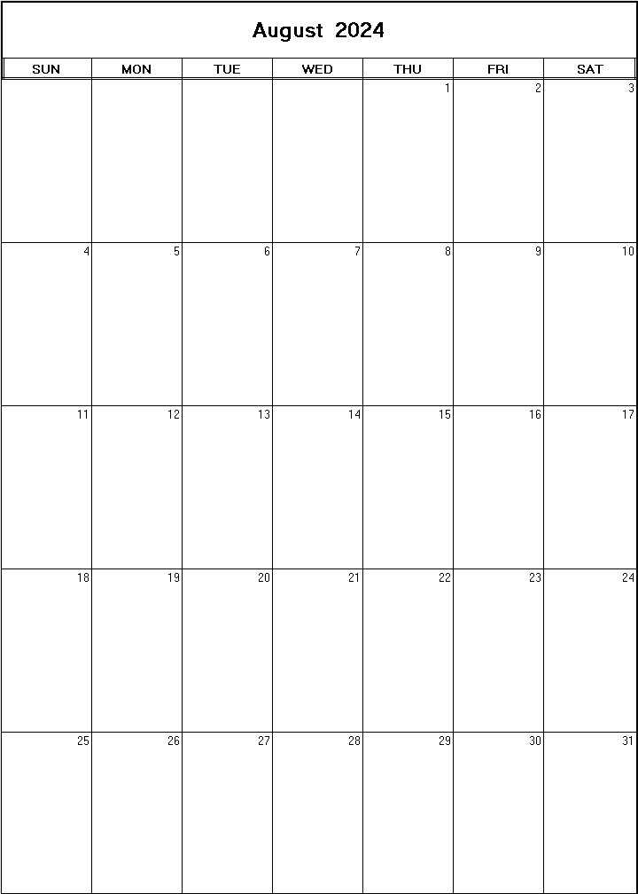 printable blank calendar image for August 2024