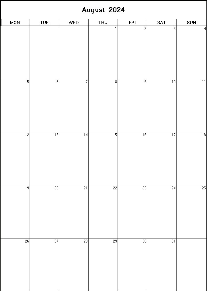 printable blank calendar image for August 2024