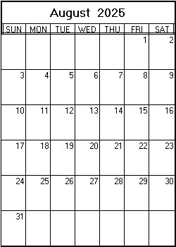 printable blank calendar image for August 2025