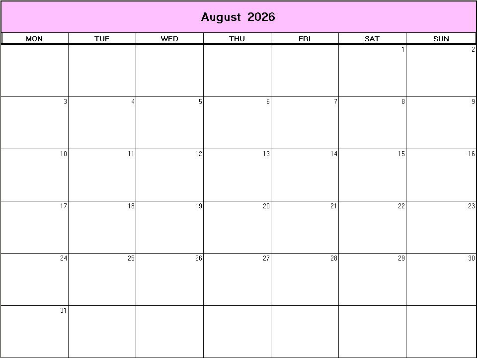 printable blank calendar image for August 2026